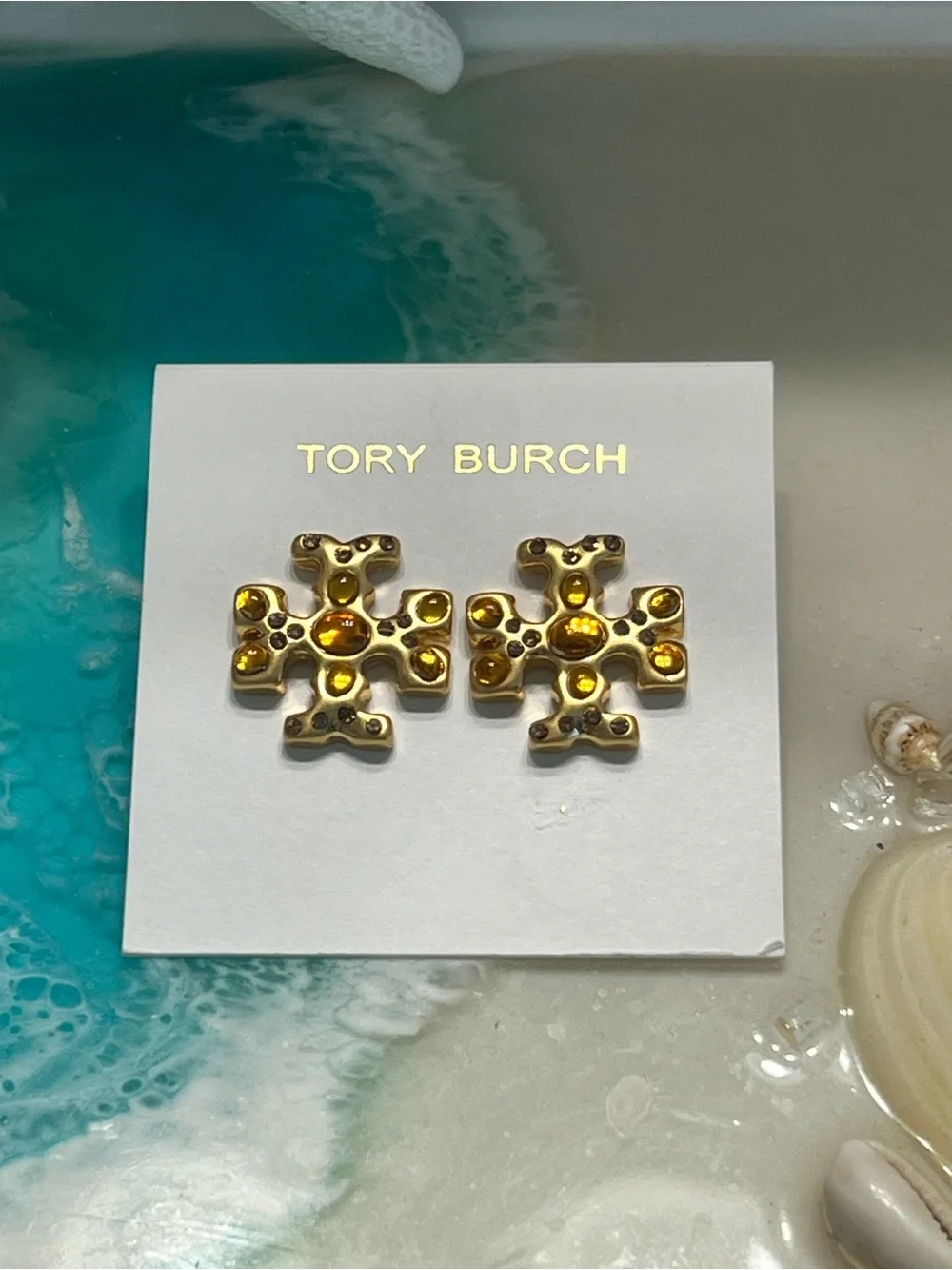 Tory Burch Gold Logo Stud Earrings with Amber Accents- NWT